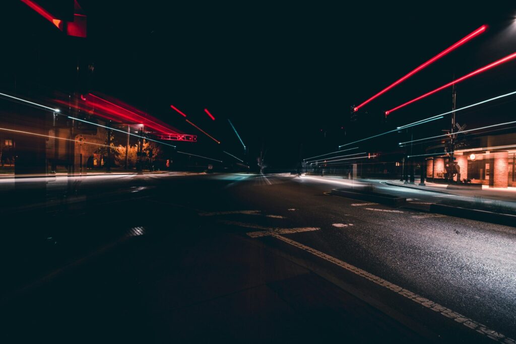 motion-blurred street lights at night